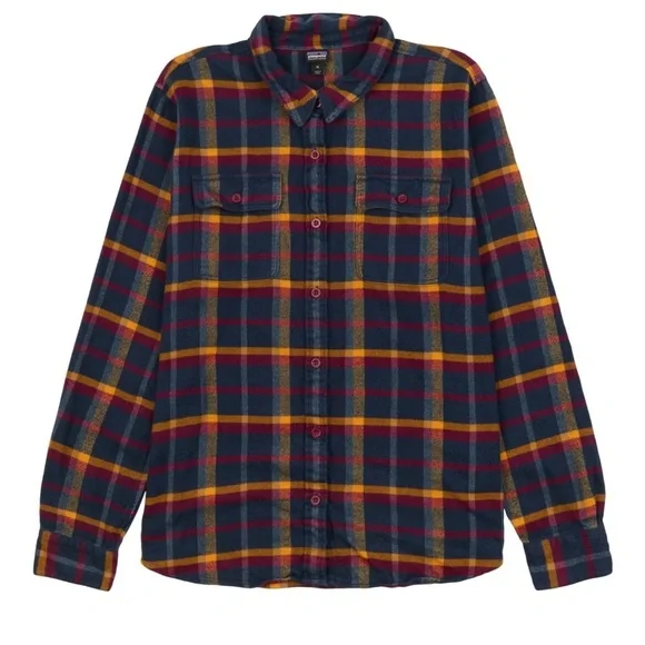 Patagonia Fjord worn wear organic cotton navy mustard burgundy flannel shirt - Picture 2 of 16